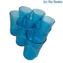Load image into Gallery viewer, A selection of vintage mid-century modern "Pagoda" glass tumblers in striking laser blue. Crafted by Anchor Hocking, USA, circa 1960s. This glassware features a unique bark-like texture and is the perfect addition to your Tiki or Chinoiserie style drink and barware! All pieces are excellent condition, free from chips. 5oz Flat Tumblers