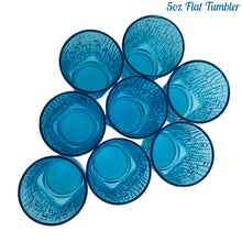 Load image into Gallery viewer, A selection of vintage mid-century modern "Pagoda" glass tumblers in striking laser blue. Crafted by Anchor Hocking, USA, circa 1960s. This glassware features a unique bark-like texture and is the perfect addition to your Tiki or Chinoiserie style drink and barware! All pieces are excellent condition, free from chips. 5oz Flat Tumblers