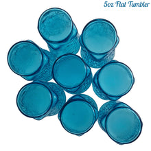 Load image into Gallery viewer, A selection of vintage mid-century modern "Pagoda" glass tumblers in striking laser blue. Crafted by Anchor Hocking, USA, circa 1960s. This glassware features a unique bark-like texture and is the perfect addition to your Tiki or Chinoiserie style drink and barware! All pieces are excellent condition, free from chips. 5oz Flat Tumblers