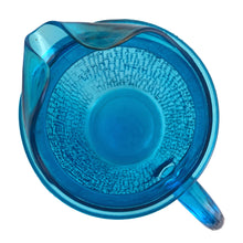 Load image into Gallery viewer, A selection of vintage mid-century modern "Pagoda" glass beverage pitcher in striking laser blue. Crafted by Anchor Hocking, USA, circa 1960s. This glassware features a unique bark-like texture and is the perfect addition to your Tiki or Chinoiserie style drink and barware! All pieces are excellent condition, free from chips.