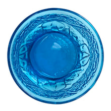Load image into Gallery viewer, Anchor Hocking laser blue Rain Flower old fashioned glass, overhead view showing the rim and interior showing raised floral motif on the inner base and textured walls