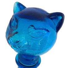 Load image into Gallery viewer, Large vintage laser blue figural cat Empoli glass decanter. Crafted in Italy, circa 1960s. A striking piece of mid-century decor! The glass is in excellent condition, free form chips/cracks/wear. The gasket is present in as found condition. There are bubbles in the glass typical of the manufacturing process. Measures 4 x 4 1/2 x 14 1/2 inches