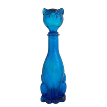 Load image into Gallery viewer, Large vintage laser blue figural cat Empoli glass decanter. Crafted in Italy, circa 1960s. A striking piece of mid-century decor! The glass is in excellent condition, free form chips/cracks/wear. The gasket is present in as found condition. There are bubbles in the glass typical of the manufacturing process. Measures 4 x 4 1/2 x 14 1/2 inches
