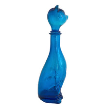 Load image into Gallery viewer, Large vintage laser blue figural cat Empoli glass decanter. Crafted in Italy, circa 1960s. A striking piece of mid-century decor! The glass is in excellent condition, free form chips/cracks/wear. The gasket is present in as found condition. There are bubbles in the glass typical of the manufacturing process. Measures 4 x 4 1/2 x 14 1/2 inches