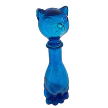 Load image into Gallery viewer, Large vintage laser blue figural cat Empoli glass decanter. Crafted in Italy, circa 1960s. A striking piece of mid-century decor! The glass is in excellent condition, free form chips/cracks/wear. The gasket is present in as found condition. There are bubbles in the glass typical of the manufacturing process. Measures 4 x 4 1/2 x 14 1/2 inches