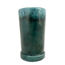 Load image into Gallery viewer, Back view of Laurentian Pottery cup displaying signature green drip glaze texture and 5 inch height