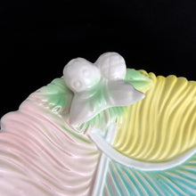 Load image into Gallery viewer, Lovely vintage ceramic leaf shaped dish in pastel colours of pink, yellow, blue and green with white figural fruits. Italy, circa 1960s. Use for your favourite snacks, trinkets or as a catchall. Adds a nice pop of colour to your decor!  In excellent condition with one small flea bite on the rim of the foot. Marked Italy.  Measures 9 1/2 x 7 x 2 inches