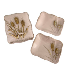 Load image into Gallery viewer, Complete three-piece Lefton vanity set showing trinket box and two trays in powder pink and gold