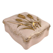 Load image into Gallery viewer, Top view of Lefton pink porcelain trinket box with gold gilt accents and raised wheat motif on lid