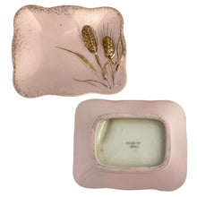 Load image into Gallery viewer, Pair of matching Lefton pink porcelain trays with gold gilt trim and wheat design, 4.75 inches each