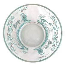 Load image into Gallery viewer, Overhead view of Libbey Glass Chinoiserie ice bucket looking into the interior, showing the full wraparound turquoise geisha garden motif with figures, pagoda, and blossoming trees visible through the clear glass walls, Canada 1950s–60s