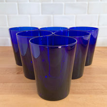 Load image into Gallery viewer, Set of six vintage Libbey Flare cobalt blue old fashioned tumblers viewed from above at a slight angle