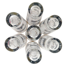 Load image into Gallery viewer, Bottom detail of 1950s Libbey train pint glass showing locomotive detail and gold accents