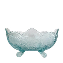 Load image into Gallery viewer, Vintage mid-century "Lombardi" pale blue footed bowl was part of the Cameo Line of glassware, crafted by Jeanette Glass, USA, circa 1950s. A lovely design featuring swirls of leaves with a central cameo, flared scalloped edge and sweet curled feet. Perfect for candy, snacks or use as a serving bowl and even a planter! In excellent condition, free from chips. Measures 10 1/2 x 6 3/4 x 5 1/4 inches