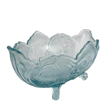 Load image into Gallery viewer, Vintage mid-century "Lombardi" pale blue footed bowl was part of the Cameo Line of glassware, crafted by Jeanette Glass, USA, circa 1950s. A lovely design featuring swirls of leaves with a central cameo, flared scalloped edge and sweet curled feet. Perfect for candy, snacks or use as a serving bowl and even a planter! In excellent condition, free from chips. Measures 10 1/2 x 6 3/4 x 5 1/4 inches