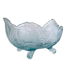 Load image into Gallery viewer, Vintage mid-century "Lombardi" pale blue footed bowl was part of the Cameo Line of glassware, crafted by Jeanette Glass, USA, circa 1950s. A lovely design featuring swirls of leaves with a central cameo, flared scalloped edge and sweet curled feet. Perfect for candy, snacks or use as a serving bowl and even a planter! In excellent condition, free from chips. Measures 10 1/2 x 6 3/4 x 5 1/4 inches