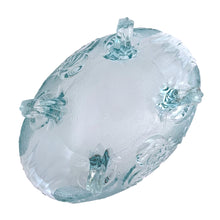 Load image into Gallery viewer, Vintage mid-century "Lombardi" pale blue footed bowl was part of the Cameo Line of glassware, crafted by Jeanette Glass, USA, circa 1950s. A lovely design featuring swirls of leaves with a central cameo, flared scalloped edge and sweet curled feet. Perfect for candy, snacks or use as a serving bowl and even a planter! In excellent condition, free from chips. Measures 10 1/2 x 6 3/4 x 5 1/4 inches