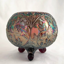 Load image into Gallery viewer, Vintage Louisa amethyst carnival glass tri-footed rose bowl vase features ribbed curled feet and scalloped rim. Crafted by Westmoreland Glass, USA, 1910s. A stunning example of early American pressed glass with magnificent iridescence. An excellent gift for any collector!
In excellent condition, no chips. Unmarked, typical for early Westmoreland Glass.
Measures 4 3/4 x 4 inches