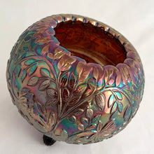 Load image into Gallery viewer, Vintage Louisa amethyst carnival glass tri-footed rose bowl vase features ribbed curled feet and scalloped rim. Crafted by Westmoreland Glass, USA, 1910s. A stunning example of early American pressed glass with magnificent iridescence. An excellent gift for any collector!
In excellent condition, no chips. Unmarked, typical for early Westmoreland Glass.
Measures 4 3/4 x 4 inches