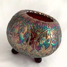Load image into Gallery viewer, Vintage Louisa amethyst carnival glass tri-footed rose bowl vase features ribbed curled feet and scalloped rim. Crafted by Westmoreland Glass, USA, 1910s. A stunning example of early American pressed glass with magnificent iridescence. An excellent gift for any collector!
In excellent condition, no chips. Unmarked, typical for early Westmoreland Glass.
Measures 4 3/4 x 4 inches