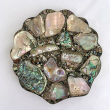 Load image into Gallery viewer, Vintage clear lucite clam shell shaped soap dish iridescent abalone shells, backed in black. Crafted by Design Gifts International, USA, 1979. A unique addition to your bath decor! There are a couple of manufacturing deficiencies where the sea shells extrude above the lucite. Otherwise it's in excellent condition. Original sticker. Measures 4 1/2 inches