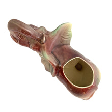 Load image into Gallery viewer, Vintage mid-century era figural lucky elephant ceramic plant in shakes of cranberry, green, yellow and gray. Marked Made in USA. Bring some luck to your gardening with this sweet, trunk up, planter!
In excellent condition, no chips/cracks/repairs.
Measures 9 x 4 x 7 7/8 inches