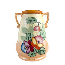 Load image into Gallery viewer, Front view of vintage art deco lustreware vase featuring florals in vibrant colours. Royal Trico, Japan circa 1940s