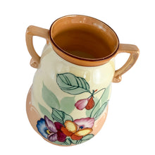 Load image into Gallery viewer, Elevated angled view of vintage art deco lustreware vase featuring florals in vibrant colours. Royal Trico, Japan circa 1940s