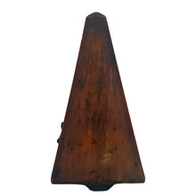 Load image into Gallery viewer, Classic obelisk shaped antique mahogany cased Metronome with brass fittings. Designed and patented by Maëlzel and manufactured by Paquet, France, early 20th century. Serial number 353.455. The brass plate on the cover reads, Paris, France, Angleterre, Amérique, Hollande, Belgique. Remove the cover to reveal the steel timing arm and tempo scale against a dark stained background.