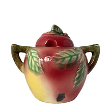Load image into Gallery viewer, Vintage mid-century era hand painted majolica-style figural red apple ceramic lidded sugar bowl featuring brown branch handles and green leaves. Crafted by Metroware, Japan, 1940s. This sweet apple is perfect for adding a touch of kitsch to your kitchen and table decor!
In excellent condition, no chips, cracks or repairs. Age-related crazing.
Measures 4 1/2 x 3 1/4 x 3 3/4 inches