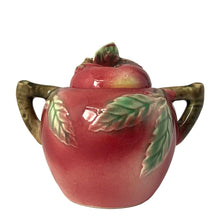 Load image into Gallery viewer, Vintage mid-century era hand painted majolica-style figural red apple ceramic lidded sugar bowl featuring brown branch handles and green leaves. Crafted by Metroware, Japan, 1940s. This sweet apple is perfect for adding a touch of kitsch to your kitchen and table decor!
In excellent condition, no chips, cracks or repairs. Age-related crazing.
Measures 4 1/2 x 3 1/4 x 3 3/4 inches