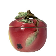 Load image into Gallery viewer, Vintage mid-century era hand painted majolica-style figural ceramic red apple condiment jar featuring handle branch in brown with green leaves. Crafted by Metroware, Japan, 1940s. This sweet apple is perfect for adding a touch of kitsch to your kitchen and table decor!
In vintage condition, no chips, cracks or repairs. Age-related crazing.
Measures 3 7/8 x 4 inches