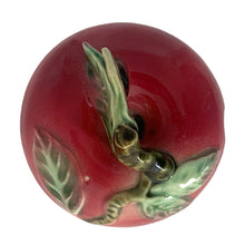 Load image into Gallery viewer, Vintage mid-century era hand painted majolica-style figural ceramic red apple condiment jar featuring handle branch in brown with green leaves. Crafted by Metroware, Japan, 1940s. This sweet apple is perfect for adding a touch of kitsch to your kitchen and table decor!
In vintage condition, no chips, cracks or repairs. Age-related crazing.
Measures 3 7/8 x 4 inches