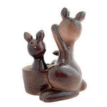 Load image into Gallery viewer, Vintage hand painted mama kangaroo and joey ceramic salt and pepper shakers. Napco, Japan, 1960s. Add these adorable shakers to your collection!
In excellent condition, fleabite, no cracks/repairs. Marked, Japan.
Mama measures 3 1/4 x 3 x 4 1/8 inches, joey measures 1 1/12 x 1 1/4 x 2 3/4 inches
