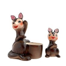 Load image into Gallery viewer, Vintage hand painted mama kangaroo and joey ceramic salt and pepper shakers. Napco, Japan, 1960s. Add these adorable shakers to your collection!
In excellent condition, fleabite, no cracks/repairs. Marked, Japan.
Mama measures 3 1/4 x 3 x 4 1/8 inches, joey measures 1 1/12 x 1 1/4 x 2 3/4 inches