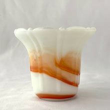 Load image into Gallery viewer, Vintage marbleized uranium slag glass flower pot with ribs and flutes in swirled shades of green, brown and orange. Glows intensely under black light. Produced by Akro Agate, circa 1930s. A lovely piece for small plants. Easily repurpose as a catchall, candy dish or upscale your office and use this as a paperclip holder. In as found vintage condition, there is a small chip at the rim. Marked “Made in U.S.A.” Measures 3 1/2 x 3 inches