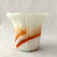 Load image into Gallery viewer, Vintage marbleized uranium slag glass flower pot with ribs and flutes in swirled shades of green, brown and orange. Glows intensely under black light. Produced by Akro Agate, circa 1930s. A lovely piece for small plants. Easily repurpose as a catchall, candy dish or upscale your office and use this as a paperclip holder. In as found vintage condition, there is a small chip at the rim. Marked “Made in U.S.A.” Measures 3 1/2 x 3 inches