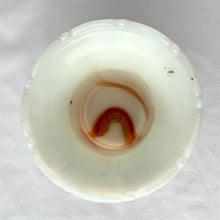 Load image into Gallery viewer, Vintage marbleized uranium slag glass flower pot with ribs and flutes in swirled shades of green, brown and orange. Glows intensely under black light. Produced by Akro Agate, circa 1930s. A lovely piece for small plants. Easily repurpose as a catchall, candy dish or upscale your office and use this as a paperclip holder. In as found vintage condition, there is a small chip at the rim. Marked “Made in U.S.A.” Measures 3 1/2 x 3 inches