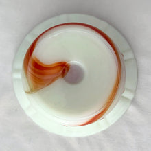 Load image into Gallery viewer, Vintage marbleized uranium slag glass flower pot with ribs and flutes in swirled shades of green, brown and orange. Glows intensely under black light. Produced by Akro Agate, circa 1930s. A lovely piece for small plants. Easily repurpose as a catchall, candy dish or upscale your office and use this as a paperclip holder. In as found vintage condition, there is a small chip at the rim. Marked “Made in U.S.A.” Measures 3 1/2 x 3 inches