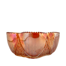 Load image into Gallery viewer, Side profile of antique Sowerby marigold carnival glass bowl with cut triangles and hobstar pattern, scalloped sawtooth rim, iridescent finish, England, 1920s