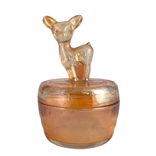 Load image into Gallery viewer, Vintage marigold carnival glass lidded powder jar with embossed deer fawn motif, Jeannette Glass, iridescent finish