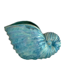 Load image into Gallery viewer, Side view of vintage nautilus shell planter showing organic ridged texture and blue glaze