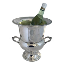 Load image into Gallery viewer, Vintage Marlboro Plate silver-plated champagne bucket with rope-detailed rim and decorative handles holding champagne bottle, Morton-Parker Canada 1945-88, 10½ inches wide