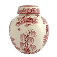 Load image into Gallery viewer, Side view of Mason's Patent Ironstone red transferware chinoiserie ginger jar showing pagoda, willow tree, and scrolling border detail