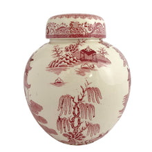 Load image into Gallery viewer, Opposite side view of Mason's Patent Ironstone red transferware chinoiserie ginger jar showing pagoda, willow tree, and scrolling border detail