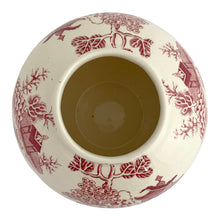 Load image into Gallery viewer, Overhead view of Mason's Patent Ironstone red transferware ginger jar body showing chinoiserie landscape scene on lid top and rim
