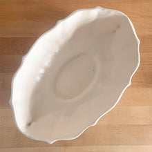 Load image into Gallery viewer, Vintage Art Deco large matte white glazed lotus centrepiece console bowl. Crafted by Nelson McCoy Pottery, 1940s. This rare piece is must for any Nelson McCoy art pottery collector!
In good vintage condition, minor flea bite on the inner edge, no cracks or repairs. Typical manufacturers glaze bubbles. Maker's mark.
Measures 12 x 7 1/2 x 4 inches