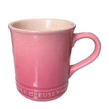 Load image into Gallery viewer, Retired Mauve Pink Le Creuset stoneware 14oz mug with iconic three-ring accent and cream beige interior.
