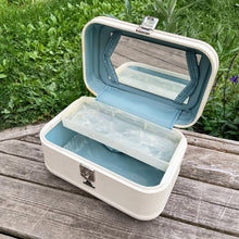 Load image into Gallery viewer, Vintage retro style cream or off-white coloured hard shell make-up travel case. with original blue interior, mirror, plastic line bottom, tray and ID tag. Crafted by L. McBrine Company Limited, Canada in Kitchener, Ontario Canada! Circa 1960/70s. This brings back all the feels of travelling in style! In good vintage condition with appropriate age-related wear. No key. Tray has a hairline crack, but still intact and useable. Measures 14 1/4 x 9 1/4 x 8 5/8 inches luggage