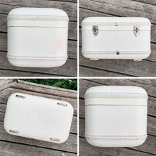 Load image into Gallery viewer, Vintage retro style cream or off-white coloured hard shell make-up travel case. with original blue interior, mirror, plastic line bottom, tray and ID tag. Crafted by L. McBrine Company Limited, Canada in Kitchener, Ontario Canada! Circa 1960/70s. This brings back all the feels of travelling in style! In good vintage condition with appropriate age-related wear. No key. Tray has a hairline crack, but still intact and useable. Measures 14 1/4 x 9 1/4 x 8 5/8 inches luggage